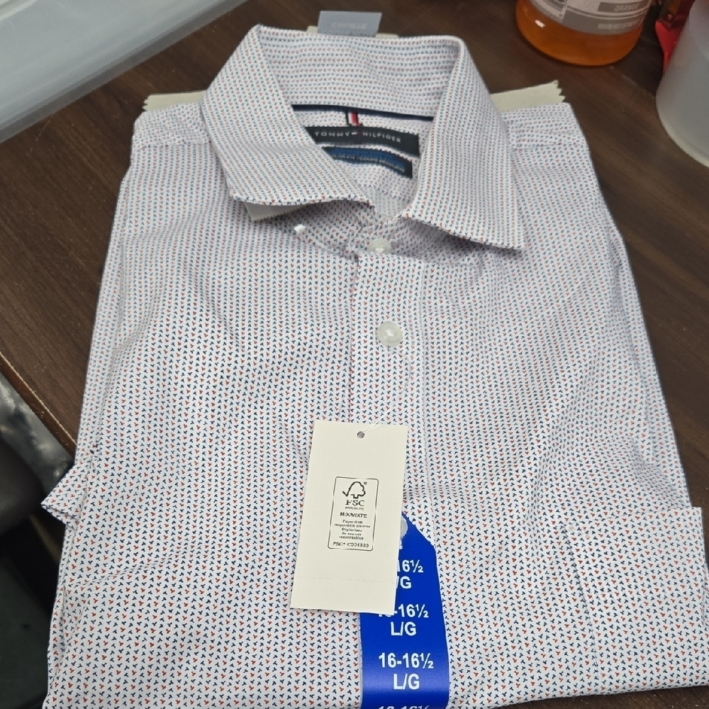 Tommy Hilfiger Size L White Blue Red All-Season Stretch Regular Fit Dress Shirt